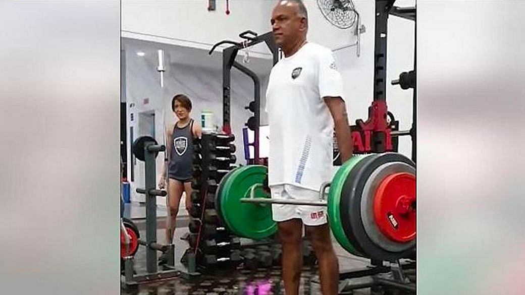 Screengrab of video that Law and Home Affairs Minister K. Shanmugam posted online showing him deadlifting 105kg.