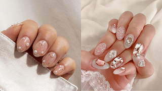 pearl and pink gemstone nail art