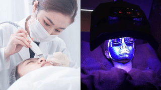 aesthetician doing a facial, and a woman doing an LED facial