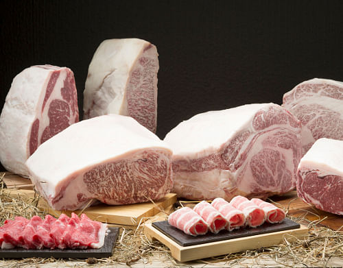 Prime cuts of Japanese wagyu beef and pork at Sakurazaka